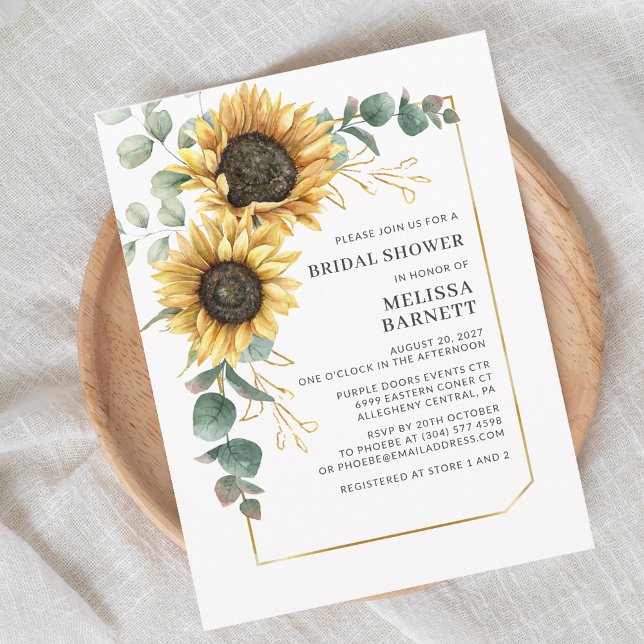 Sunflower Eucalyptus Gold Frame Bridal Shower Invitation Postcard (Modern Sunflower Eucalyptus Script First Last Name Bridal Shower Invitation)