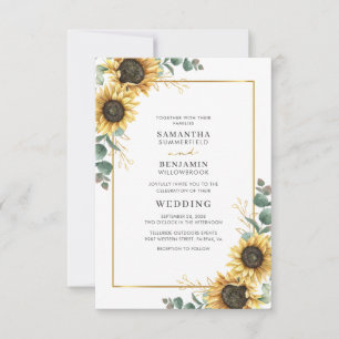 Sunflower Eucalyptus Gold Geometric Floral Wedding Invitation
