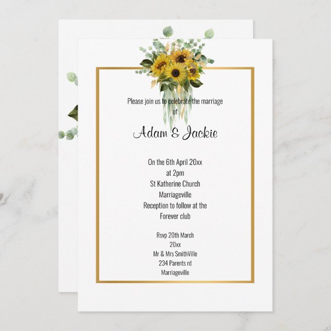 SUNFLOWER EUCALYPTUS GOLD TRIM ELEGANT WEDDING INVITATION (Front/Back)