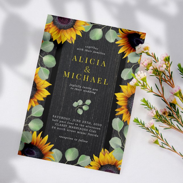 Sunflower eucalyptus greenery barn wood wedding invitation (Creator Uploaded)