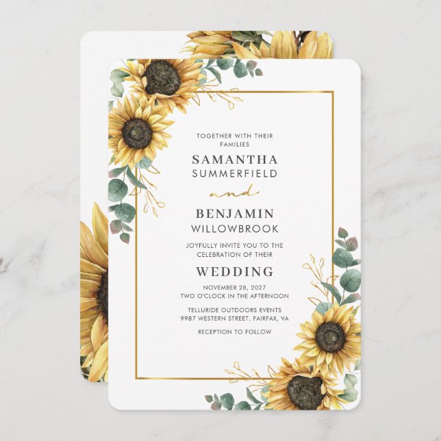 Sunflower Eucalyptus Greenery Botanical Wedding Invitation (Front/Back)