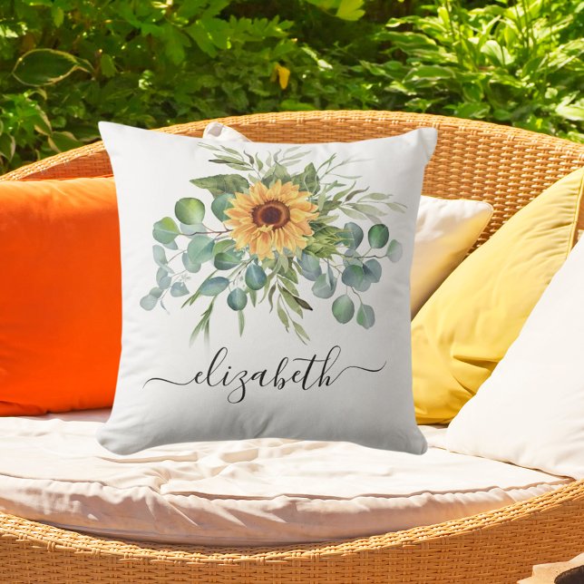 Sunflower eucalyptus greenery name script cushion (Creator Uploaded)