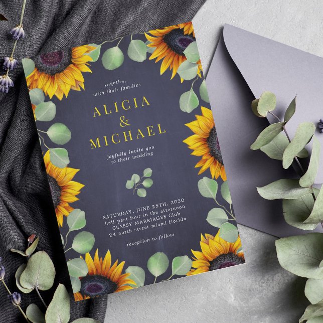 Sunflower eucalyptus greenery rustic navy wedding invitation (Creator Uploaded)