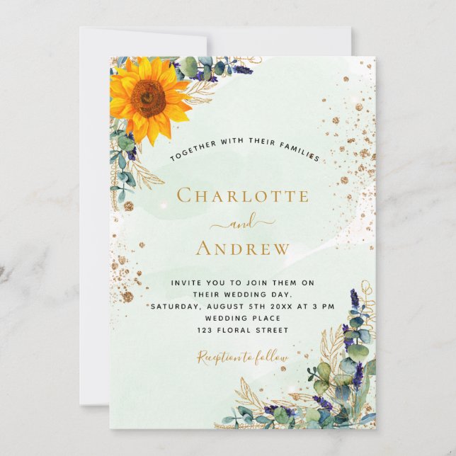 Sunflower Eucalyptus greenery rustic wedding Invitation (Front)