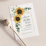 Sunflower Eucalyptus Greenery Save The Date Card<br><div class="desc">Create a modern Sunflower Floral save the date budget card with this cute template featuring beautiful rustic floral bouquet, geometric gold effect frame, with modern simple typography. TIP: Matching wedding suite cards like RSVP, wedding programs, banners, tapestry, gift tags, signs, and other wedding keepsakes and goodies are available in the...</div>