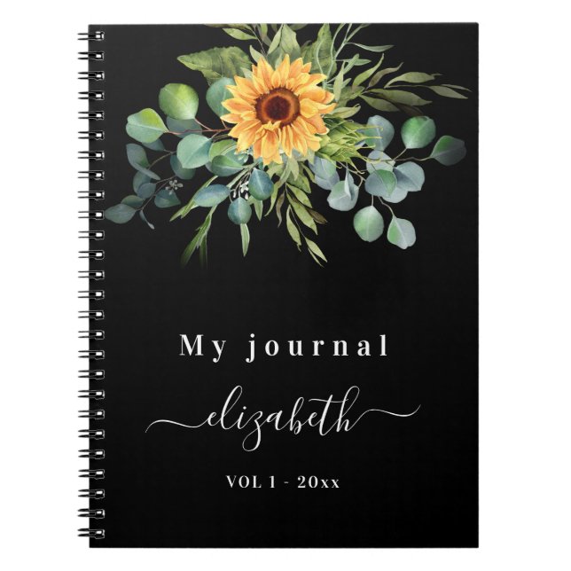 Sunflower eucalyptus greenry script black notebook (Front)