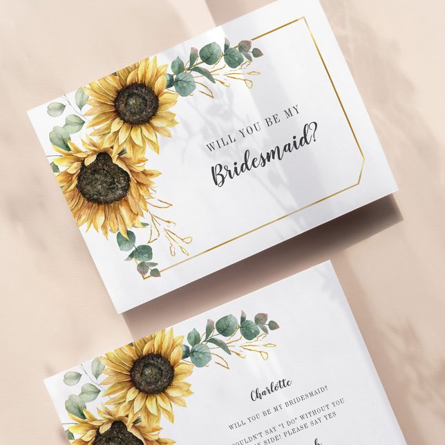 Sunflower Eucalyptus Leaves Be My Bridesmaid Card (Sunflower Bridal Proposal Card)