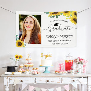 Sunflower Eucalyptus Leaves Graduation Party Photo Banner