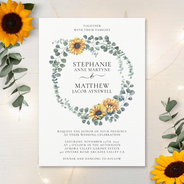 Sunflower Eucalyptus Leaves Modern Wedding Invitation (Creator Uploaded)