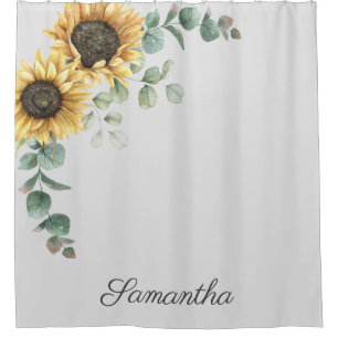 Sunflower Eucalyptus Leaves Script Monogram Shower Curtain
