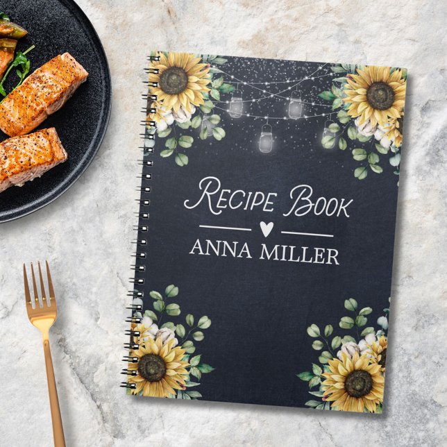 Sunflower Eucalyptus Light Black Recipe Notebook (In situ)