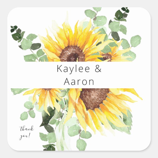 Sunflower & Eucalyptus MOD Floral Thank You Square Sticker (Front)