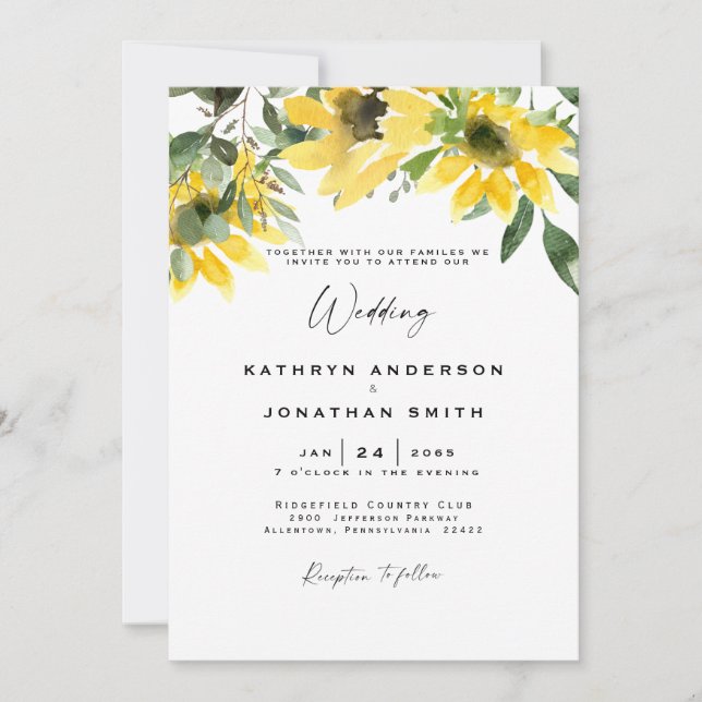 Sunflower Eucalyptus Modern Wedding No Parents Invitation (Front)