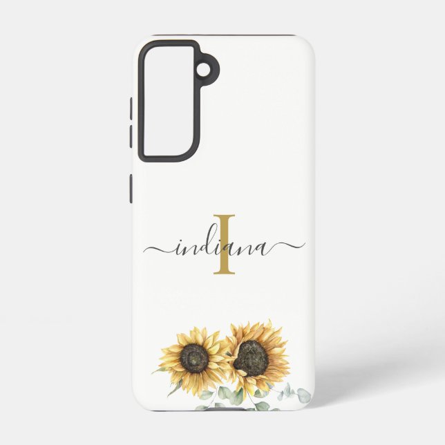 Sunflower Eucalyptus Monogram Script Modern Samsung Galaxy S21 Case (Back)