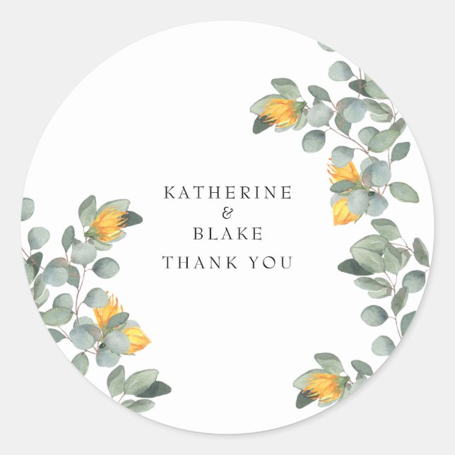 Sunflower & Eucalyptus Names Wedding Thank You Classic Round Sticker (Front)