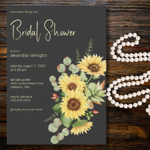 Sunflower & Eucalyptus on Black Bridal Shower Invitation