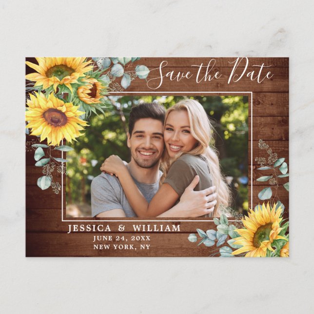 Sunflower Eucalyptus PHOTO Wedding Save the Date Postcard (Front)