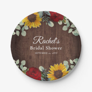 Sunflower Eucalyptus Red Roses Wood Bridal Shower Paper Plate
