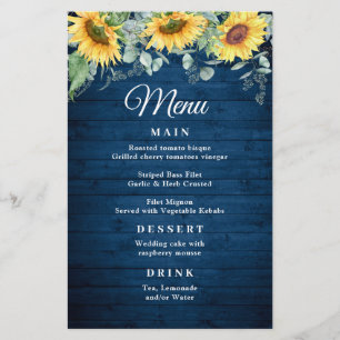 Sunflower Eucalyptus Rustic Blue Wood Wedding Menu