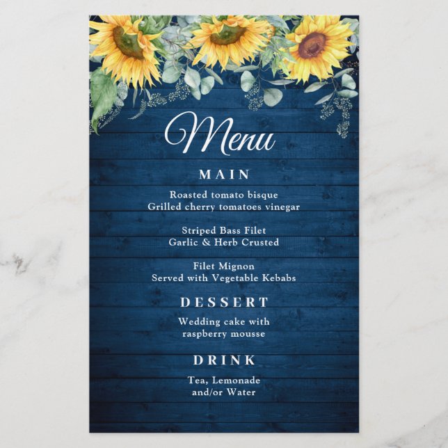 Sunflower Eucalyptus Rustic Blue Wood Wedding Menu (Front)