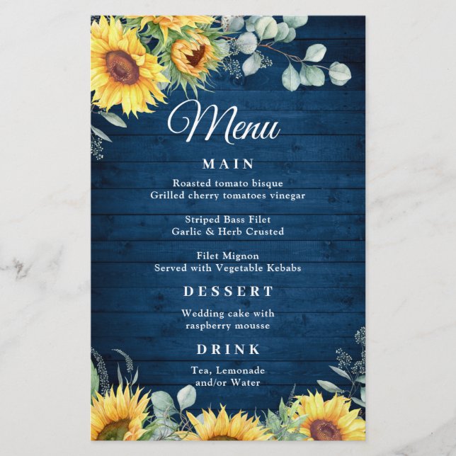 Sunflower Eucalyptus Rustic Blue Wood Wedding Menu (Front)