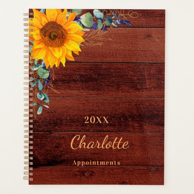 Sunflower eucalyptus rustic wood monogram planner (Front)