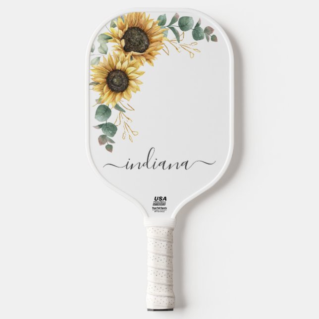 Sunflower Eucalyptus Script Name Botanical Pickleball Paddle (Front)