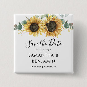 Sunflower Eucalyptus Script Wedding Save the Date 15 Cm Square Badge