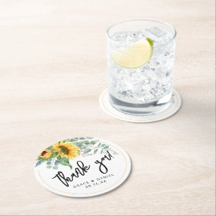 Sunflower Eucalyptus Thank You Wedding Favour Round Paper Coaster