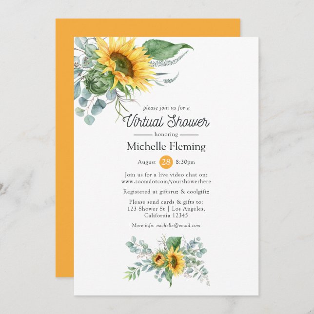 Sunflower Eucalyptus Virtual Baby or Bridal Shower Invitation (Front/Back)
