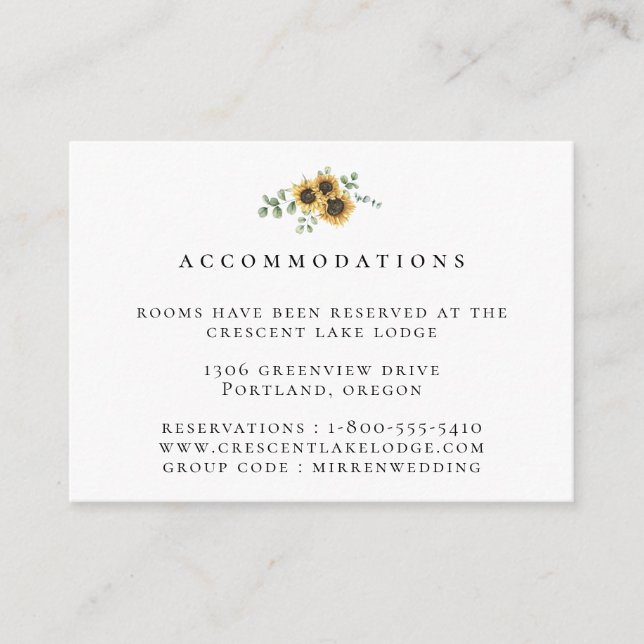 Sunflower Eucalyptus Wedding Accommodations Enclosure Card (Front)