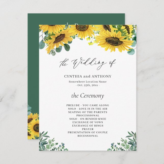 Sunflower Eucalyptus Wedding Ceremony Program Invitation (Front/Back)