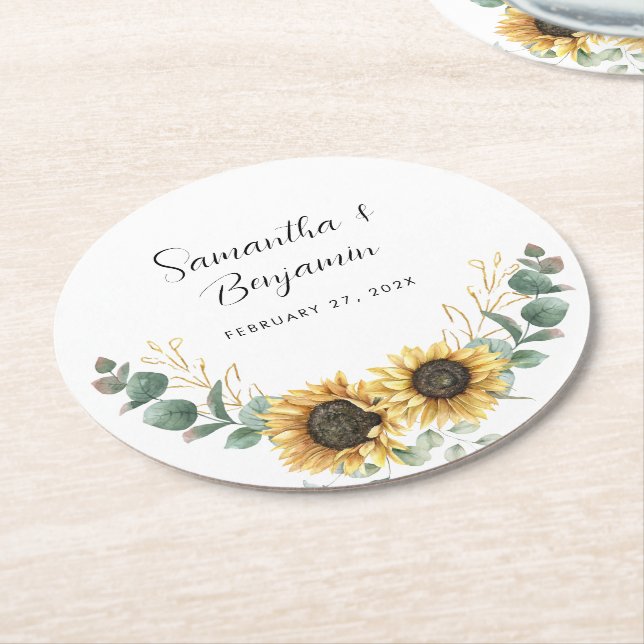 Sunflower Eucalyptus Wedding Favour Round Paper Coaster (Angled)