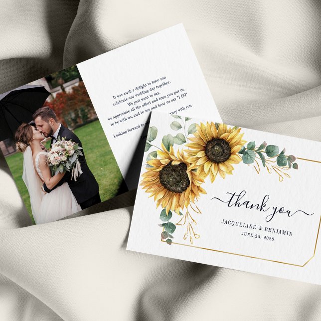 Sunflower Eucalyptus Wedding Floral Thank You Card (Sunflower Eucalyptus Wedding Photo Script Floral Thank You Card)