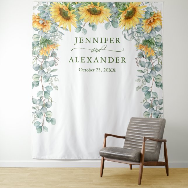 Sunflower Eucalyptus Wedding Photo Backdrop Tapestry (In Situ)
