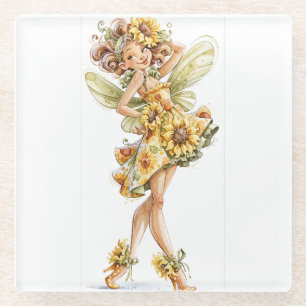 Sunflower fairy in a flowing floral dress glass coaster