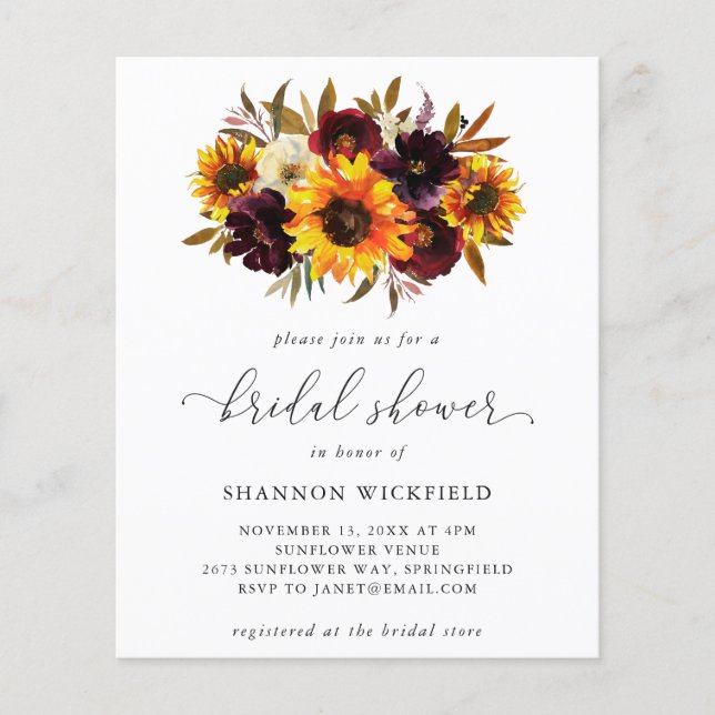 Sunflower Fall Budget Bridal Shower Invitation Flyer (Front)
