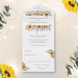 Sunflower Fall Floral Eucalyptus Botanical Wedding All In One Invitation