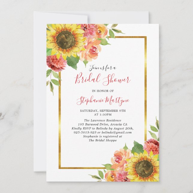 Sunflower Fall Floral Gold Border Bridal Shower Invitation (Front)