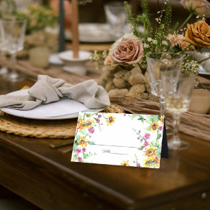 Sunflower Fall Watercolor Florals Wedding Place Card