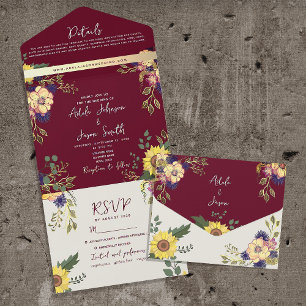 Sunflower Fall Wildflower Burgundy Wedding All In One Invitation
