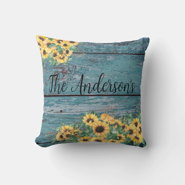 Sunflower Family Name Blue Throw Pillow (Front)