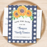 Sunflower Family Reunion Save The Date  Announcement Postcard<br><div class="desc">Are you planning a family reunion?
Let your family know the reunion date with these charming Save The Date postcards. 
They are decorated with watercolor sunflowers and foliage on a blue check background.
Easily customisable.
Original Watercolor © Michele Davies.</div>
