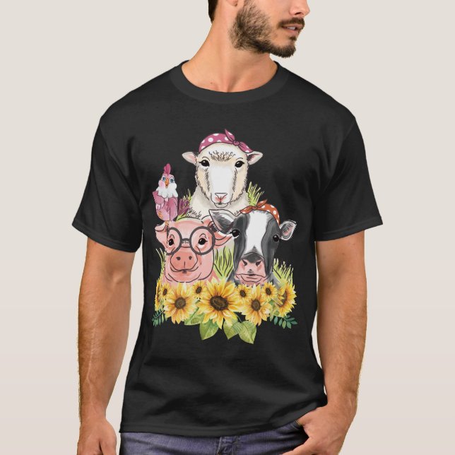 Sunflower Farm Animals Chicken Sheep Cow Pig T-Shirt (Front)
