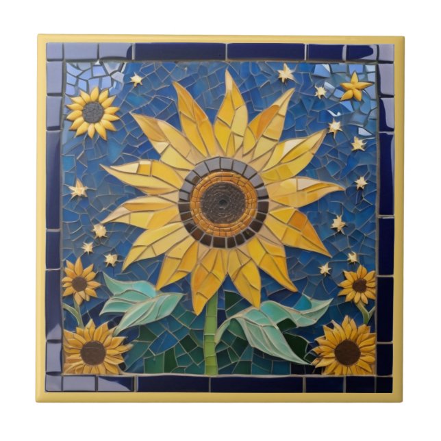 Sunflower Faux Mosaic Yellow Sunflowers Navy Blue Tile (Front)
