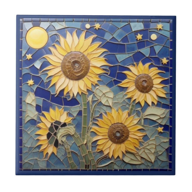 Sunflower Faux Mosaic Yellow Sunflowers Navy Blue Tile (Front)