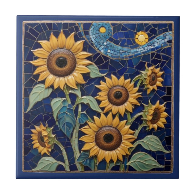 Sunflower Faux Mosaic Yellow Sunflowers Navy Blue Tile (Front)