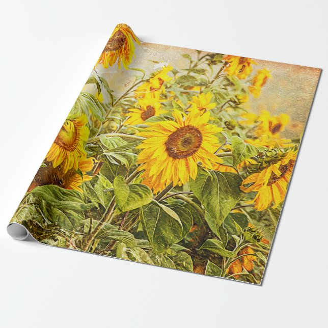 Sunflower Field Decoupage Yellow Vintage Antique Wrapping Paper (Unrolled)