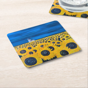 Sunflower Field Painting by Alfred Fox Square Paper Coaster