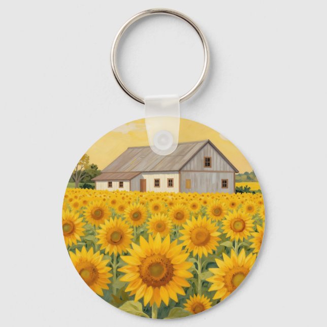 Sunflower Field Rustic Barn Landscape Key Ring (Front)